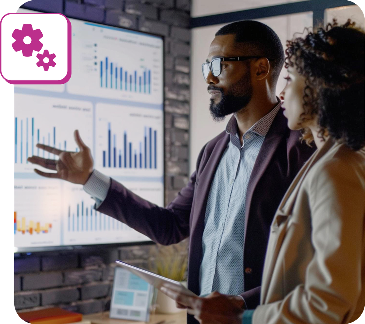 Professional presenting implementation metrics for an AI readiness plan